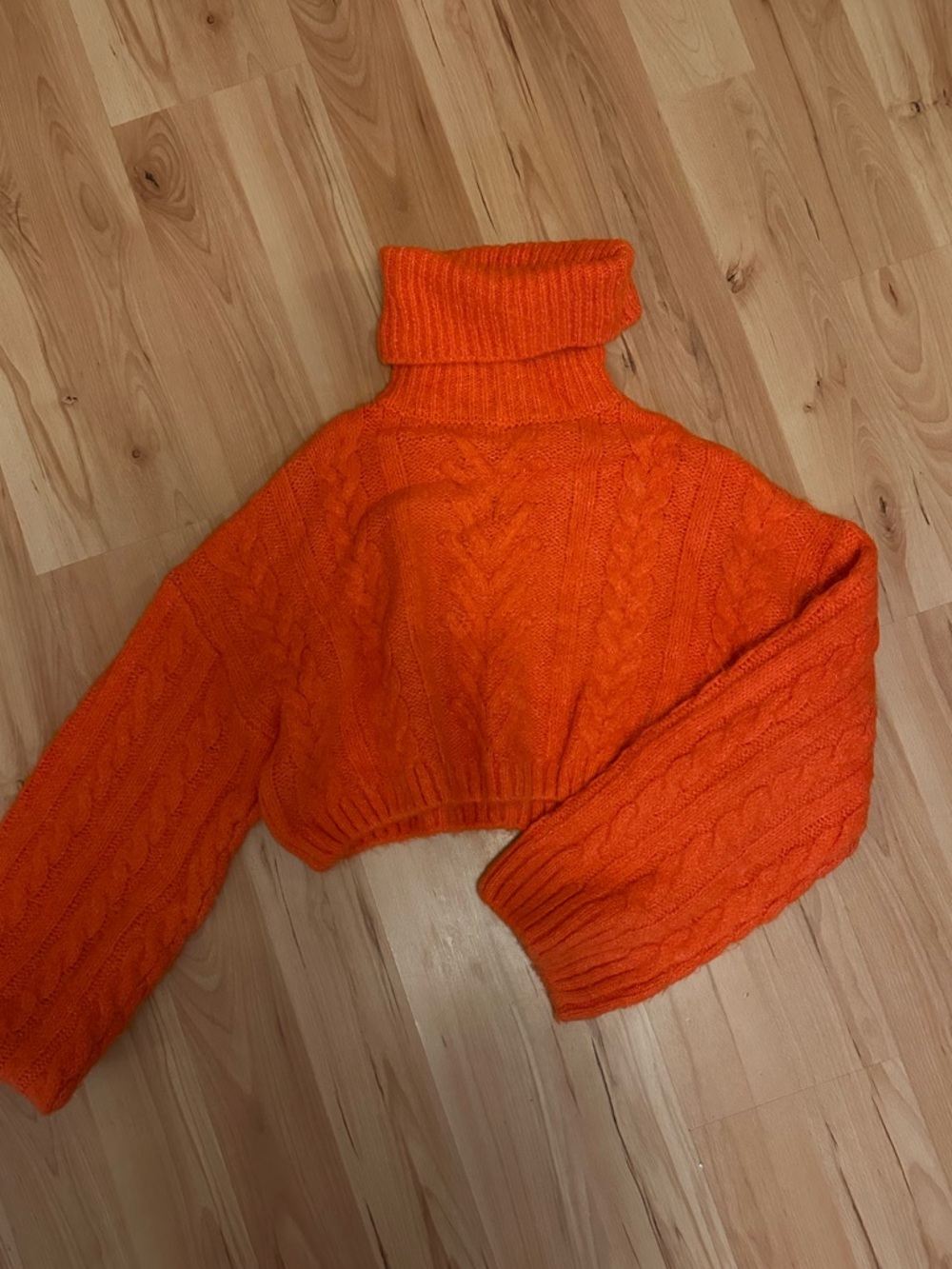 Zara Bright Orange Cropped Cable Turtleneck Sweater